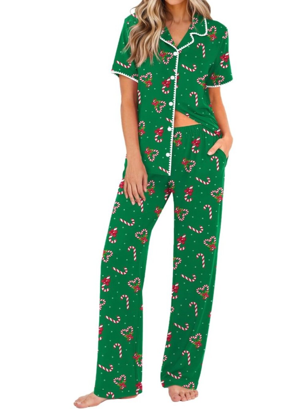 Women's Green Button Down Short Sleeve Shirt Loungewear Pajamas Set